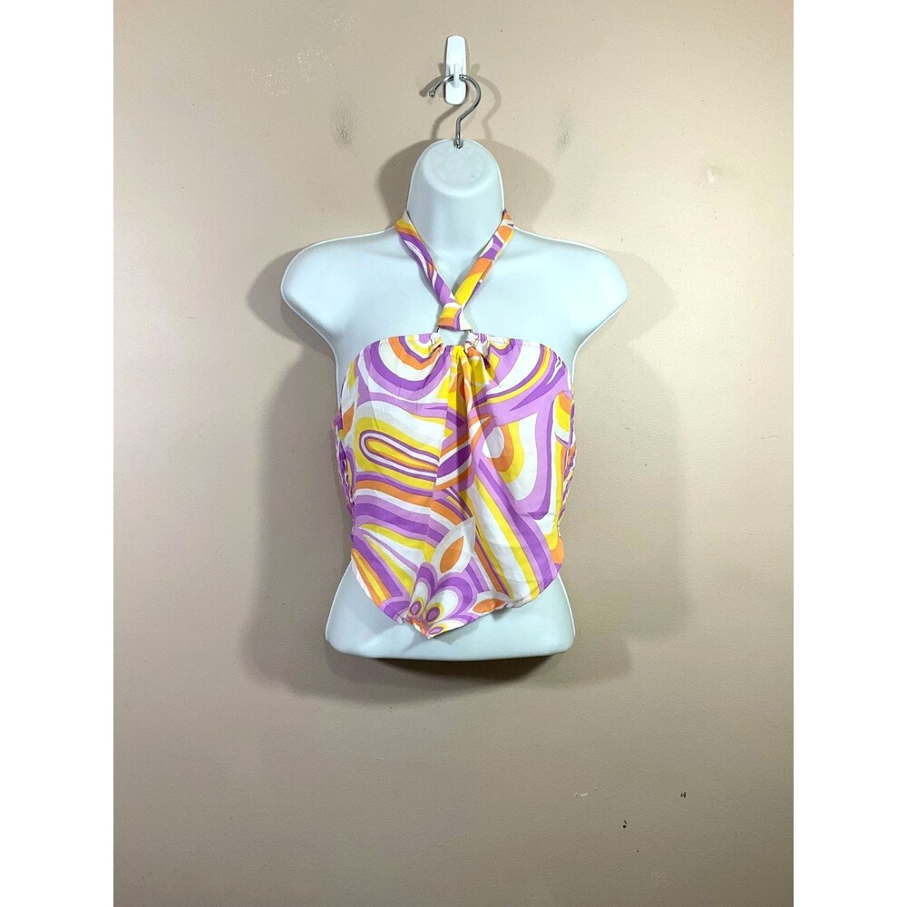 Persaya Womens Psychadellic Halter Crop Top L Purple Yellow Festival Hippie NWOT
